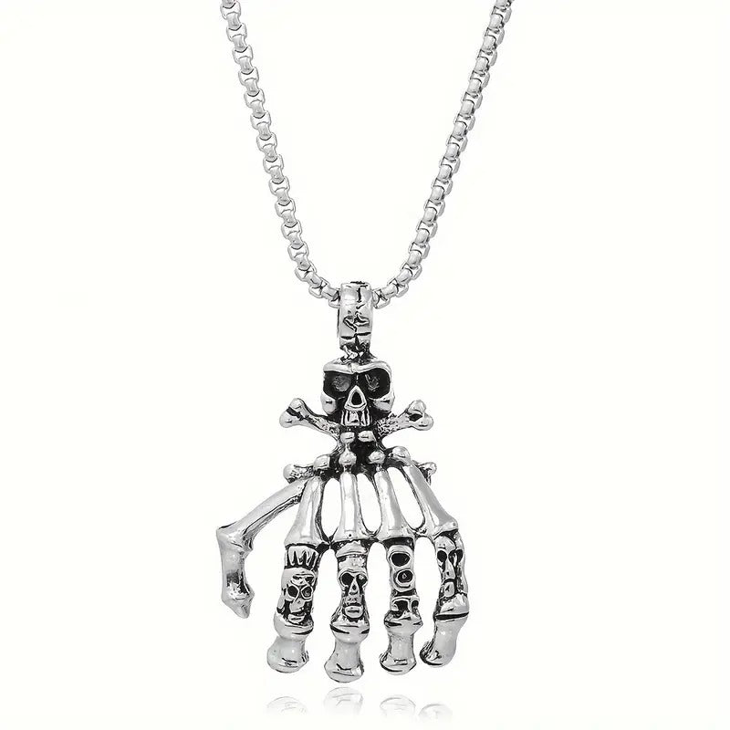 Sterling Silver Skeleton Hand Bone Pendant Necklace