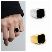 Thumbnail for Black Square Flat Top Stainless Steel Signet Ring - Silver