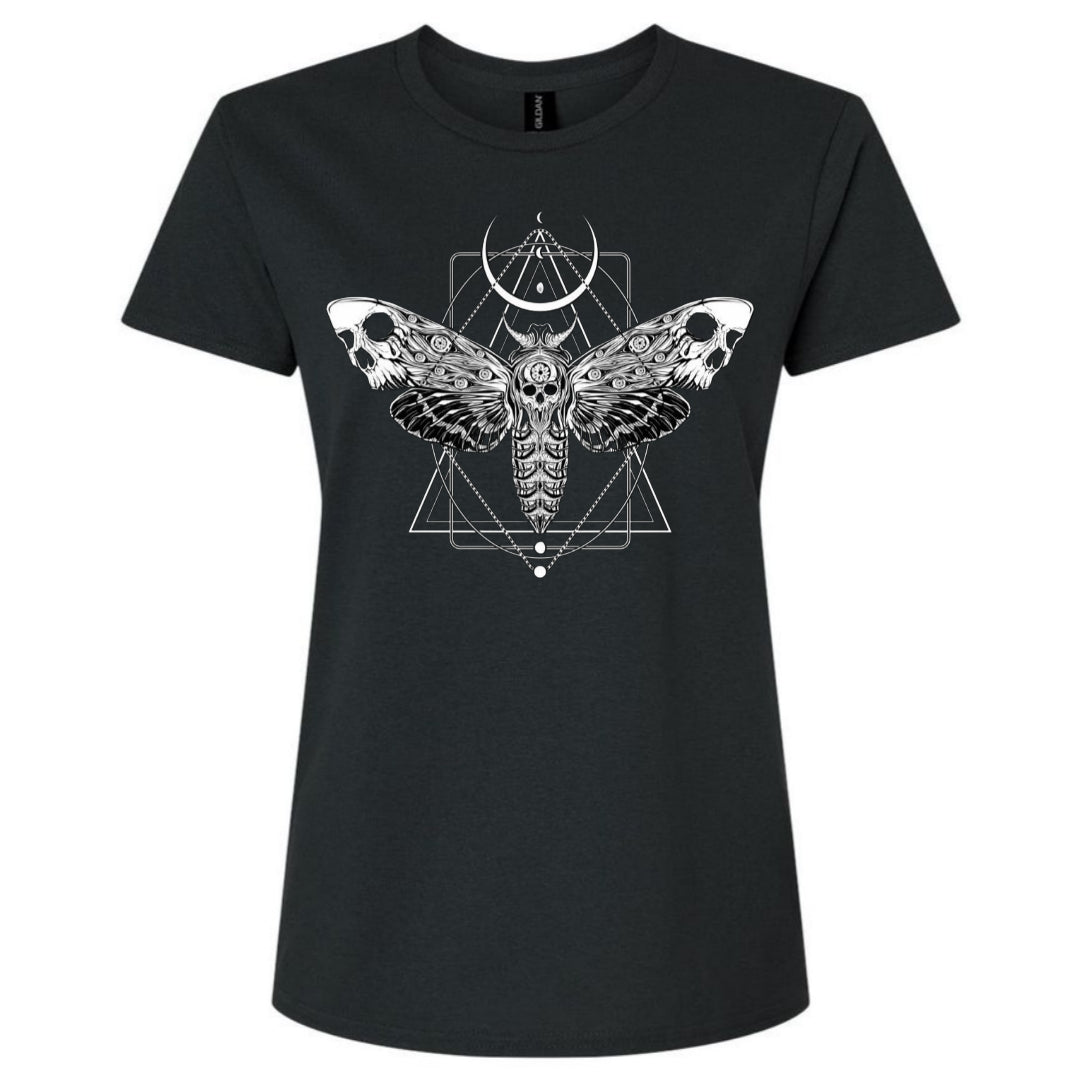 Black t-shirt with a white moth and geometric design on a white background