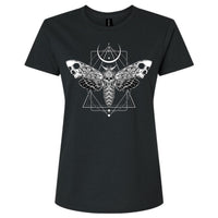Thumbnail for Black t-shirt with a white moth and geometric design on a white background