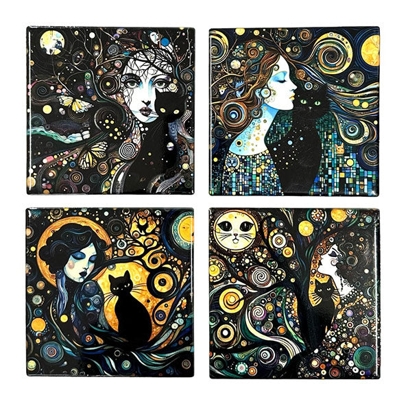 Gothic Cat Lady Ceramic Coaster Set