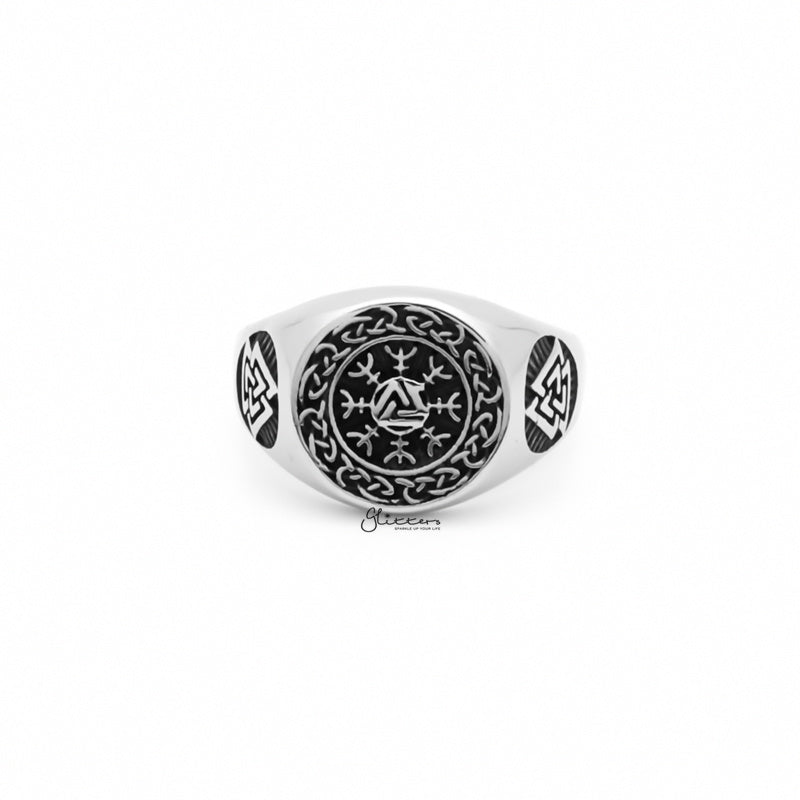Valknut Stainless Steel Ring with Helm of Awe Symbol