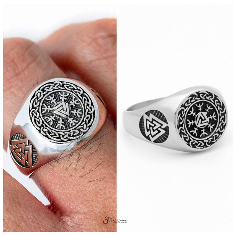 Valknut Stainless Steel Ring with Helm of Awe Symbol