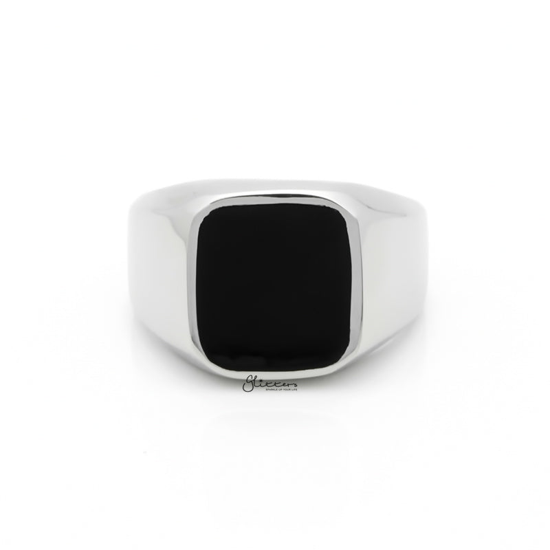 Black Square Flat Top Stainless Steel Signet Ring - Silver