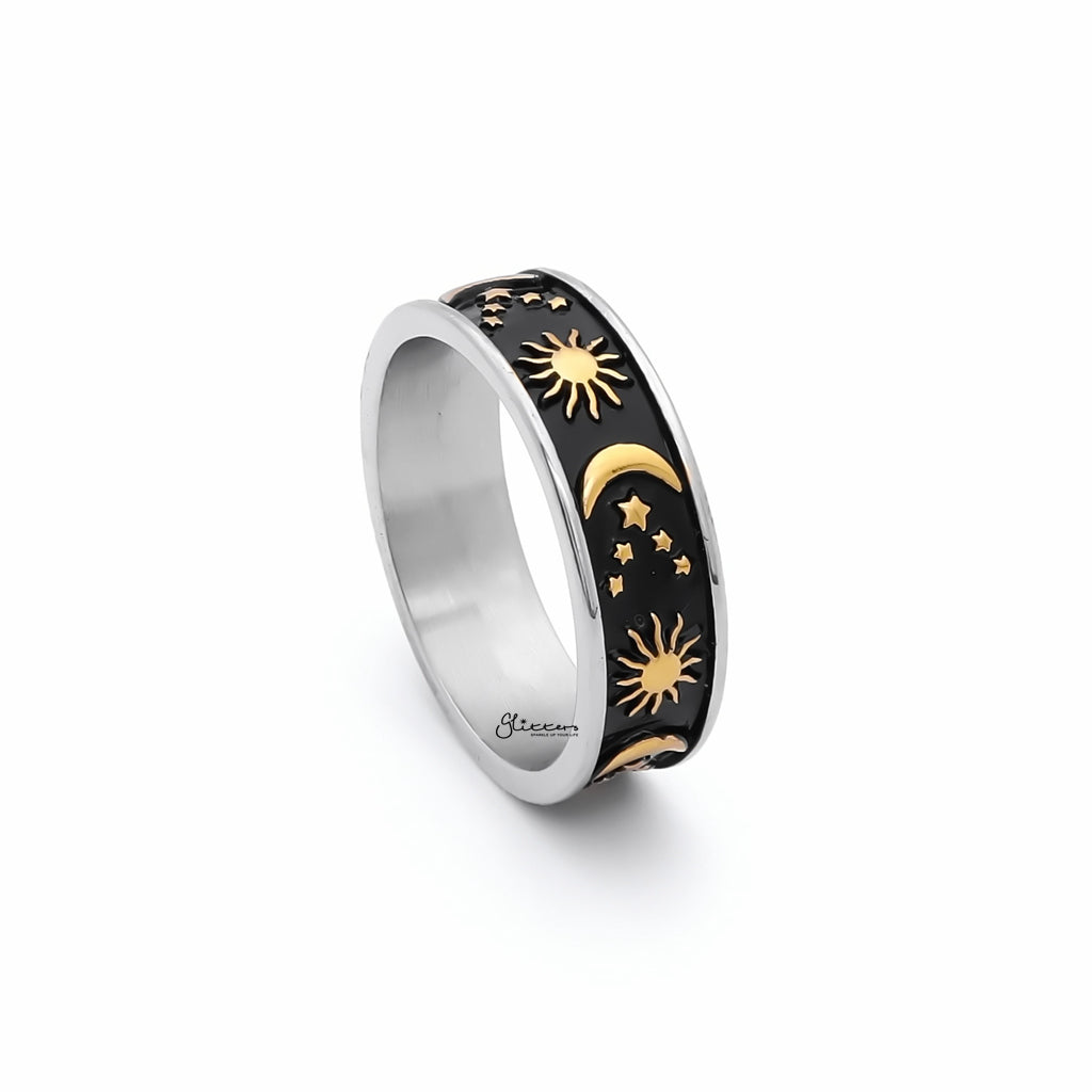 Stainless Steel Sun Moon Stars Ring - Gold