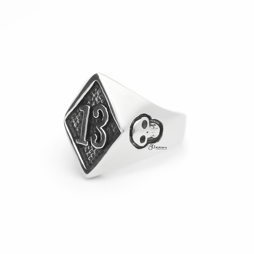 Stainless Steel Number 13 and Skulls Ring